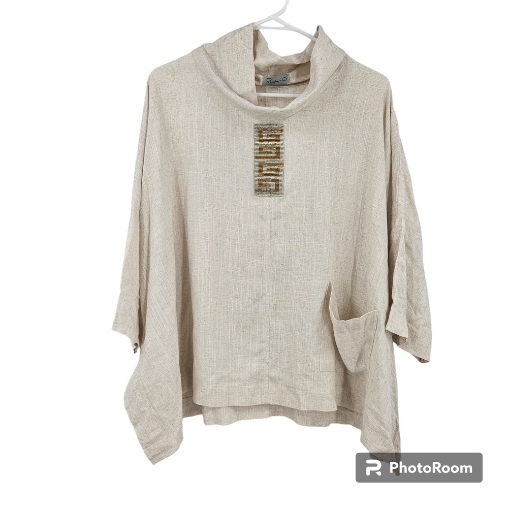 Peggie O Blouse Top Tan Linen Lagenlook Long Sleeve Oversized Pocket One Size